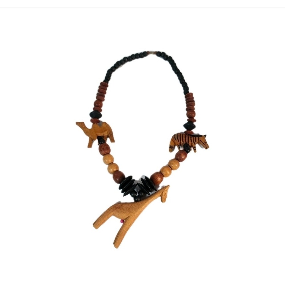 Wood Bead Necklace African Safari Animals‎ Giraffe Camel Zebra Charm Pendant